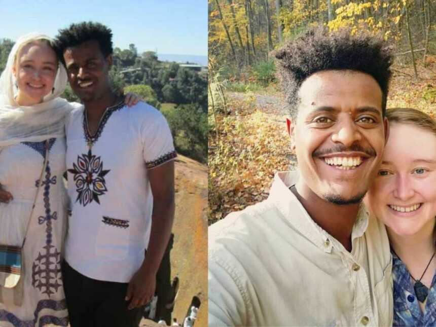Ethiopian and American couple smiling as they embrace one another